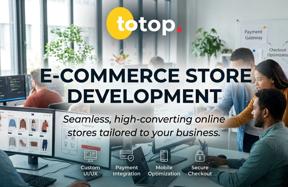 0totop E-commerce store development service banner featuring online shop designs on desktop and mobile screens.